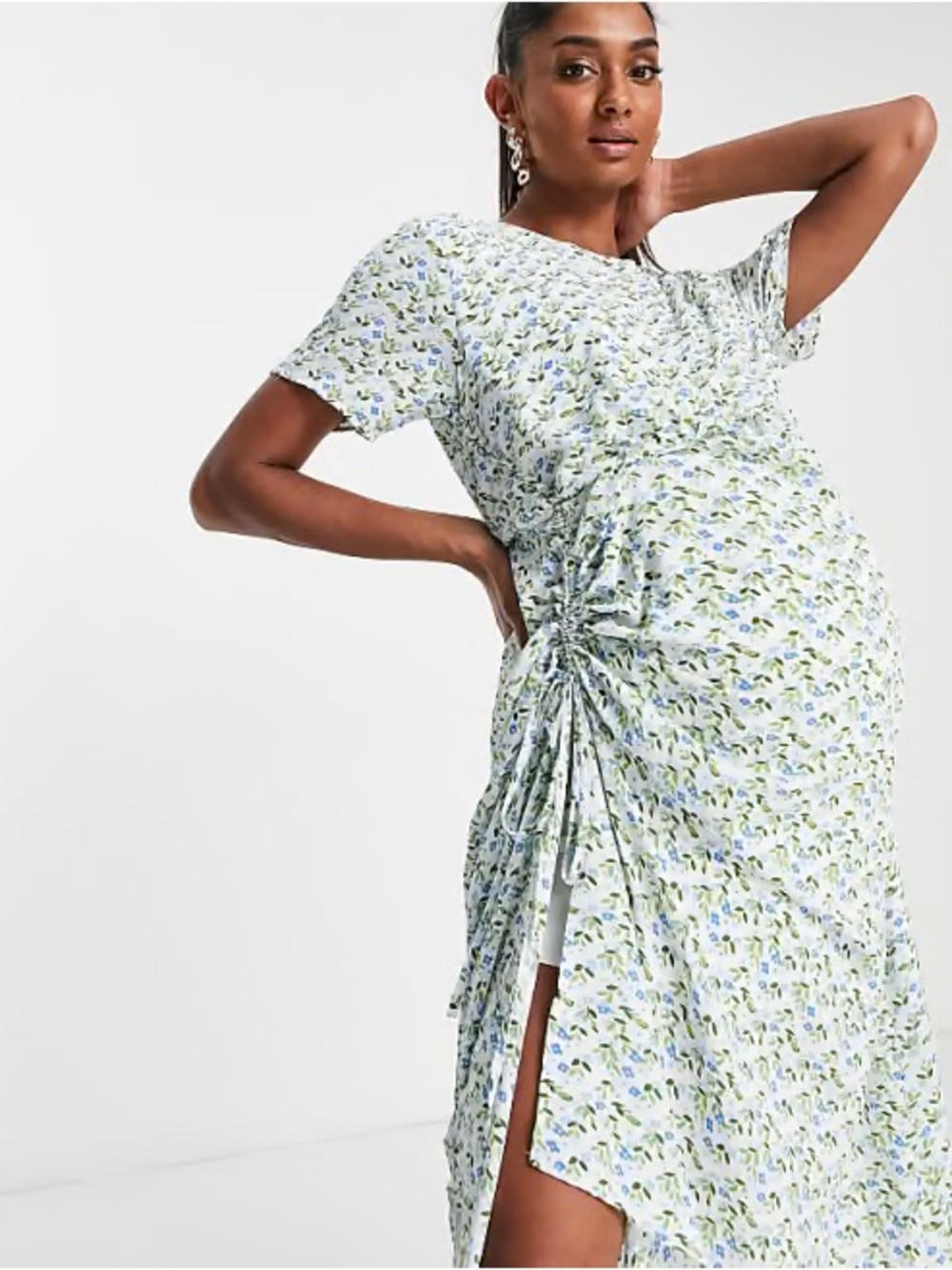 Missguided Maternity Light Blue Ditsy Floral Ruched Side Maxi Dress Like New